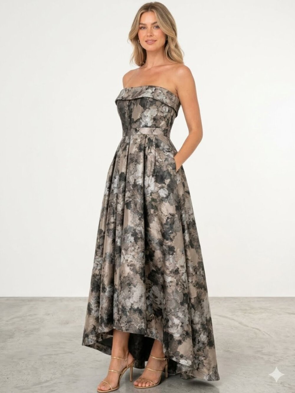XSCAPE Strapless Metallic Brocade Floral Gown High-Low Pleated w/Pockets Size 6